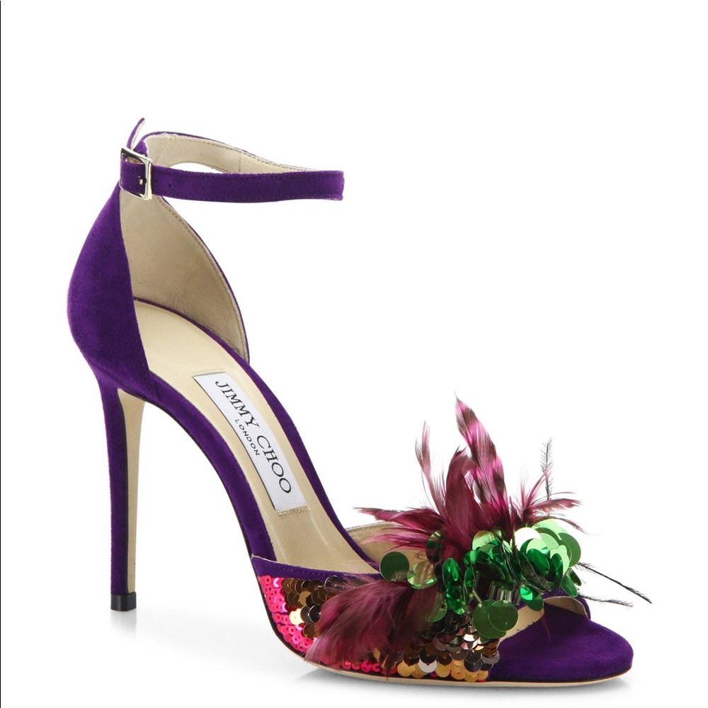 Gorgeous Jimmy Choo Annie NEW 36 purple sequin feather heel exotic - Picture 2 of 5